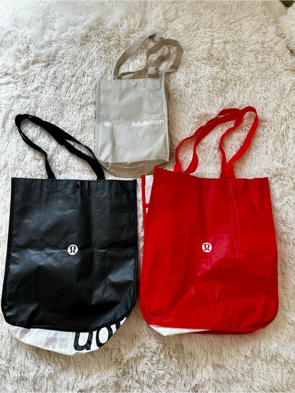 LULULEMON Reusable Shopping Tote Bags Set of 3 Red Black Tan Logo Gym Travel
